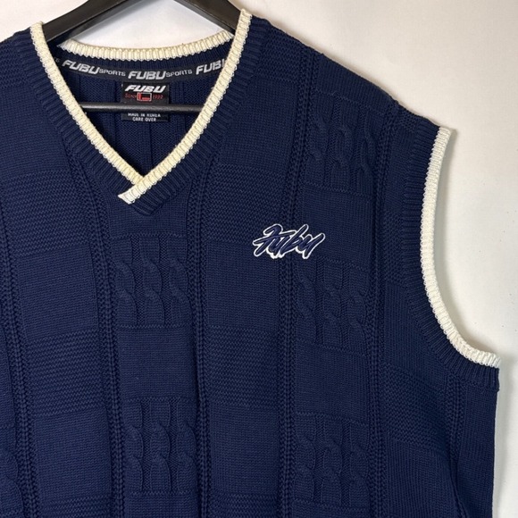 Vintage Y2K FUBU Navy Blue Cable Knit V-Neck Sweater Vest XXL 90s Streetwear - Picture 3 of 10